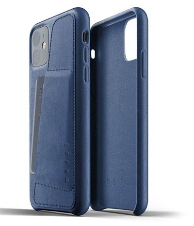 Mujjo læder cover til iPhone 11 pro Max - bagside cover i blå med kreditkortholder