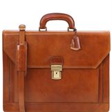 Tuscany Leather 16" Napolimed med 2 rum - Læder forretningstaske med lomme på forsiden i farven lyse brun