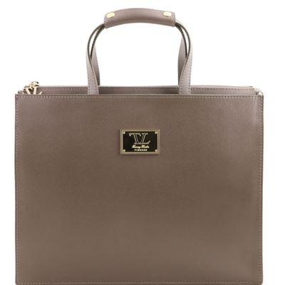 Tuscany Leather 14" Palermo - Saffiano Læder briefcase med 3 rum til kvinder i farven Dark Taupe