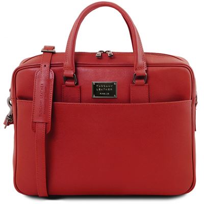 Tuscany Leather 16" Urbino herre læder computertaske - Saffiano Læder briefcase med lomme på forsiden i farven rød