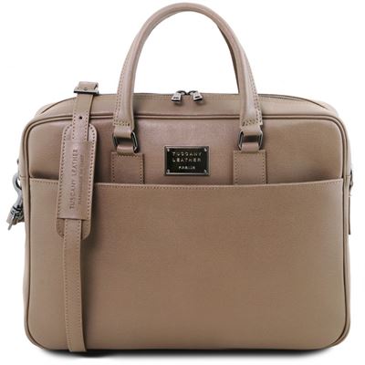 Tuscany Leather 16" Urbino herre læder computertaske - Saffiano Læder briefcase med lomme på forsiden i farven Dark Taupe