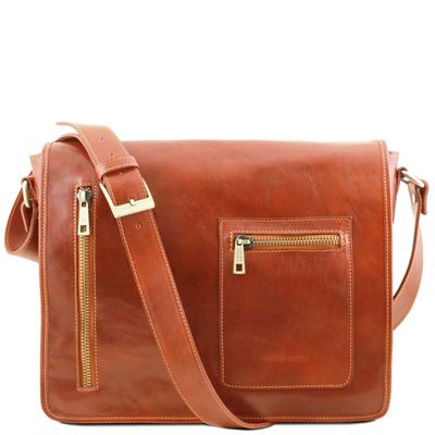 Tuscany Leather 14" Messenger - Læder double compartment laptop skuldertaske i farven lyse brun