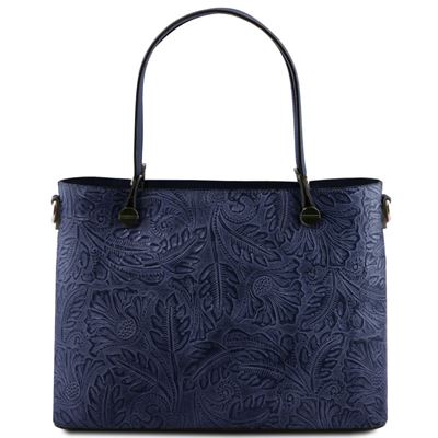 Tuscany Leather Atena - Læder shopping taske med blomstermønster i farven mørke blå